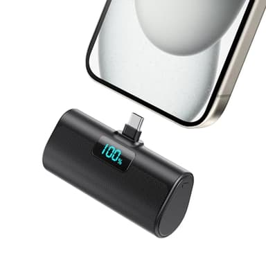 Mini Powerbank 5200mAh, Klein Power Bank USB C PD Externer Akku, Compact LCD Digitalanzeige Akkupack Kompatibel mit iPhone 15/16/17 Serie, Samsung S25/24 Serie, Note, Huawei, iPad-Schwarz