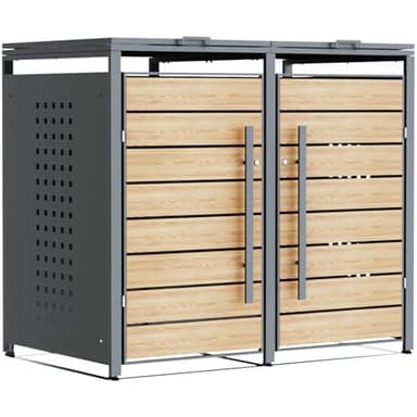 CHOSHOME Mülltonnenbox 2er 240L - Anthrazitgrau Verzinkter Stahl & Holzoptik - 2 Tonnen mit Abschließbar - inkl. Erweiterungsmöglichkeit - Mülltonnenverkleidung, Aufbewahrungsbox für Mülltonnen