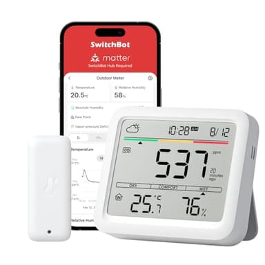 SwitchBot WLAN CO2-Melder, CO2 Messgerät mit IP65 Thermometer Hygrometer, Luftqualität Messgerät mit CO2-Alarm, Bluetooth CO2 Sensor mit APP, 2 Jahre Datenspeicher