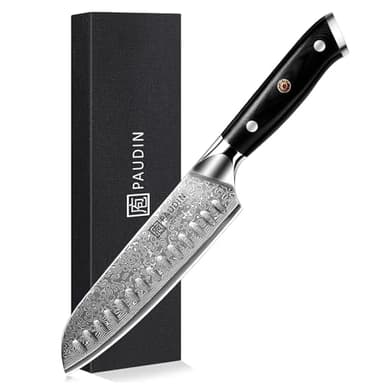 PAUDIN Santokumesser Damastmesser 17 cm, Ultra Scharfes Kochmesser aus 67 Lagen Damaststahl mit japanischem VG10- Kern, Profi Küchenmesser mit ergonomischem G10-Griff