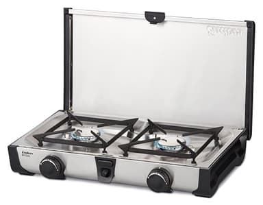 Enders Ryda 2Z, Gaskocher mit Zündsicherung, 2-flammig, Edelstahlbrenner 2x2,3 kW, klein und kompakt, inkl. Gasschlauch und Windschutz #1862, Silber/Schwarz