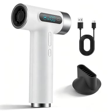 Pro Akku Reisefön 27000mAh - Kabelloser Haartrockner mit 100 Temperaturen & Geschwindigkeiten - Tragbarer Fön mit Digitaldisplay für Camping Reisen Hotel - Weiß