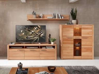 möbelando Wohnwand >Nature One< Komplett-Set (3-teilig) in Kernbuche Teil-massiv FSC-Zertifiziert - Moderne Schrankwand mit LED-Beleuchtung für Ihr Wohnzimmer - 330 x 180 x 45 cm (B/H/T)