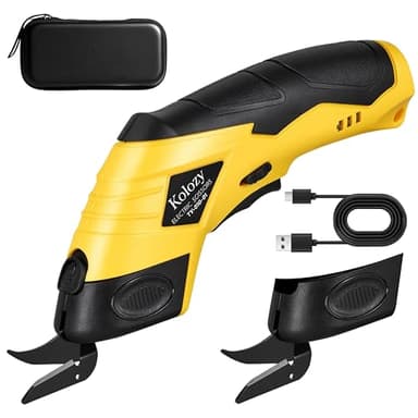 Kolozy Elektrische Schere Kartonschneider 4V, Wiederaufladbare Akkuschere mit 2500mAh Akku, Universalschneider mit 2 Schneidköpfen für Pappe, Karton, Stoff, Teppich Leder Ideal für Recycling & Basteln