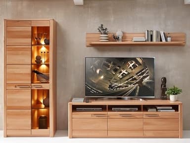 möbelando Wohnwand >Nature One< aus Kernbuche teilmassiv mit LED-Clip Beleuchtung, FSC-Zertifiziert, 3-teilig, Lowboard, Stauraumvitrine, Wandboard, Softclose-Türen, modern, ca. 320x203x45cm (BxHxT)