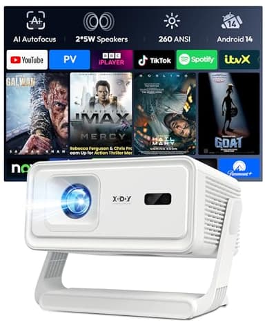 Xgody A1 Smart Beamer Heimkino Projector, Unterstützt 4K 1080P Projektor mit WiFi 6 und Bluetooth 5.4, Autofokus & Auto Trapezkorrektur, 180°Drehung Kompatibel mit HDMI/Laptop/Android/iPhone