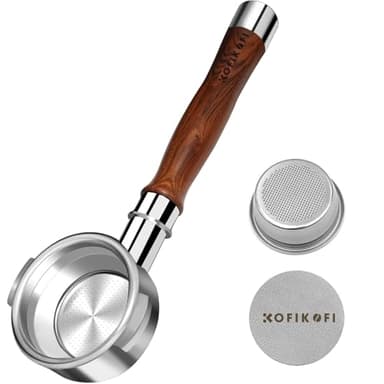 KOFIKOFI 58mm Bodenloser Siebträger, 2 Ohren Bottomless Portafilter für E61, Flair 58, ECM, Rocket, VBM-Espressomaschine mit Edelstahl-Filterkorb, Pucksieb, Naturholz