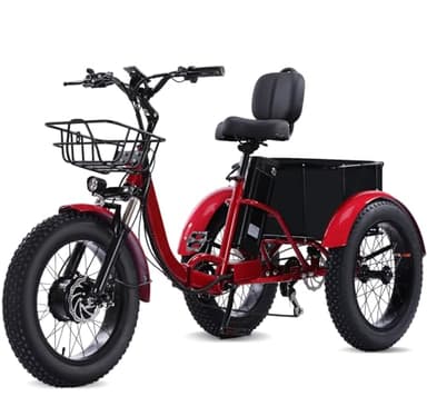 Broobey Elektrisches Dreirad für Erwachsene 20„“x4„“ Fat-Tire-Etrike Zusammenklappbares 3-Rad-Elektro-Dreirad Max. 20 km/h mit großem Fahrradkorb 48 V, 15 Ah, herausnehmbarer Akku(red)
