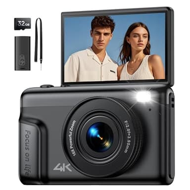 Digitalkamera 4K Fotokamera 64MP Kamera: Vlogging Fotoapparat für Videos mit 3" Klapp-Bildschirm Tragbare Batterie Kompaktkamera mit 16X Digitalzoom 32GB Karte für Kinder Anfänger Studenten Schwarz