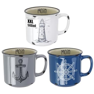 com-four® 3x XXL Kaffeebecher aus Porzellan - 500 ml Trinkbecher - Maritime Kaffeetassen für zu Hause und Büro - Kaffeepott für Kalt- und Heißgetränke (3 Stück - weiß/blau/grau)