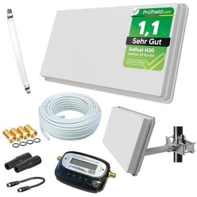 Sat Flachantenne mit Single LNB - HD Sat-Anlage für 1 TV - Selfsat H30D1+ kompakte Antenne inkl. Fensterhalterung, 10 m Koaxialkabel, SAT-Finder & Zubehör-Set - Starke Empfangsleistung von netshop 25