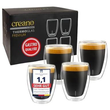 Creano PREMIUM doppelwandige Trinkgläser 250ml - 4er Set - OHNE versiegeltes LOCH deshalb Gastronomie Qualität - 100% Spülmaschinenfest - WELTNEUHEIT