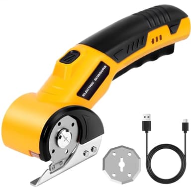HOTUT Kartonschneider Elektrischer Schere, Universalschneider mit LED und 2 Klinges, Kabellos Rotationsschneider Wiederaufladbar für Papier, Pappe, Teppich, Leder, Filz, Kunststoff