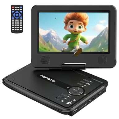 POFOTO 9,5" Tragbarer DVD Player mit 7,5" HD-Schwenkbaren Bildschirm, 4-6 Stunden Akkulaufzeit, DVD Player Auto mit Dual-Lautsprechern, Autoladegerät, Netzteil, Sync TV/USB/SD-Karte (Schwarz)