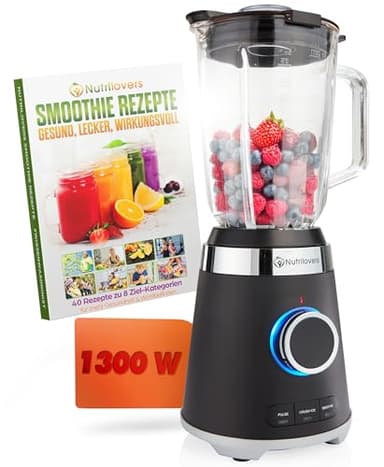 Nutrilovers Standmixer Glas NUTRI-BLENDER GLAS Edelstahl Standmixer mit Glasbehälter Hochleistung 1300W Hochleistungsmixer Smoothie-Maker, 1,75L, 4 Klingen, BPA-frei, Leise, Ice Crush
