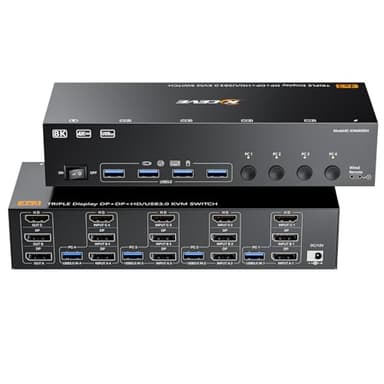 KVM Switch 3 Monitore 4 PC, 2 Displayport + 1 HDMI USB 3.0 KVM-Umschalter, unterstützt 4K@60 Hz für 3 Computer, die sich 2 DP-Monitore, Tastatur und Maus teilen