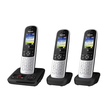 Panasonic KX-TGH723GS Schnurlostelefon mit Anrufbeantworter 3er Set (DECT Telefon, strahlungsarm, Farbdisplay, Anrufsperre, Freisprechen) schwarz