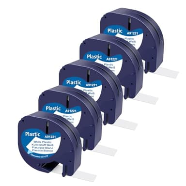 CNMTCCO 5x Etikettenband kompatible für Dymo Letratag 12mm x 4m, Kunststoff Schriftband für Dymo Beschriftungsgerät LT-100H LT-100T 200B XR 91221 S0721660, Schwarz auf Weiß