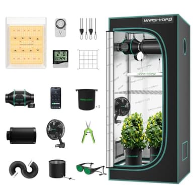 Mars Hydro Growzelt Komplettset,TS600 Vollspektrum Grow Lampe,60X60X140cm 1680D Hoch Reflektierend Mylar Grow Box Komplettset,mit 4" 205 CFM Ruhiges und Effizientes Belüftungssatz,10-Gang-Lüfter