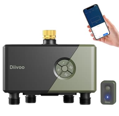 Diivoo Bewässerungscomputer 4 Ausgänge WLAN mit Messingeinlass, Smart Wasserzeitschaltuhr Garten kompatibel mit Alexa/Google Assistant, 24 Pläne, Regenverzögerung & Nebelmodus für Garten Rasen