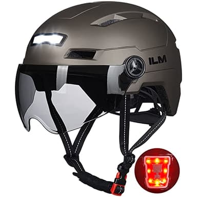 ILM Fahrradhelm mit Visier und LED Licht Mountain&Road Fahrradhelme für Damen und Herren Fahrradhelm für Pendeln in der Stadt E3-10L,Titan L-XL