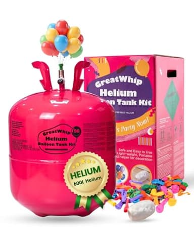 Ballongas Helium Gasflasche für bis zu 100 Ballons, GreatWhip Heliumflasche Einweg XXXL 0,6m³ Helium Balloon Gas für Latex- & Folienballons – für Geburtstag, Hochzeit & Partydeko
