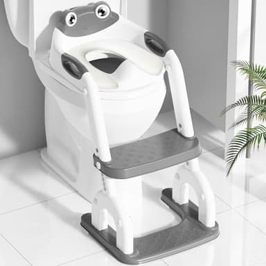 Toilettensitz Kinder mit Treppe – 8-fach Höhenverstellbar & Extra Breites Trittbrett – Rutschfester Toilettentrainer mit Weichem Sitz & Spritzschutz – Faltbarer Kinder WC Sitz, Frosch-Design