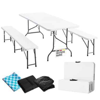 BRAST Bierzeltgarnitur Josef | 3er Set klappbar | 1x Tisch 180x74x74cm & 2X Sitzbank | für 10 Personen | 2 Varianten | inkl. Gratis Zubehör | Einrastsystem & Tragegriffe | Weiß