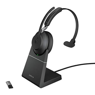 Jabra Evolve2 65 Wireless PC Headset with Charging Stand – Noise Cancelling Microsoft Teams Certified Mono Headphones with Long-Lasting Battery – USB-A Bluetooth Adapter – Black