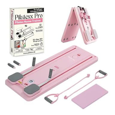 Pilatexx Pro – Faltbarer Pilates Reformer & Hometrainer – über 50 Übungen mit Videoanleitung – inkl. Timer, Widerstandsbänder, Griffe & Knieschoner – Ganzkörpertraining (Rosa)