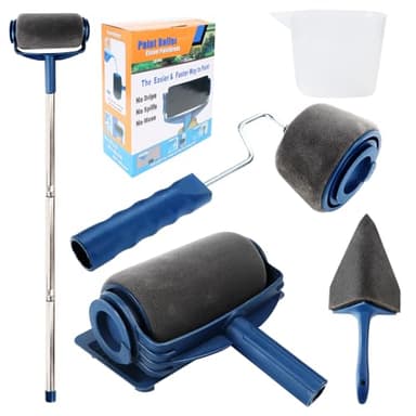 6 Teiliges Farbroller Set Farbroller Wandfarbe mit Tank, Teleskopstange, Kantenroller und Eckenstreiche, Malerrolle für Büro Haus Schule Decke Wandmalerei