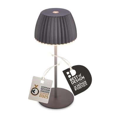BRILONER - Riffle Mini LED Tischlampe kabellos IP44 mit Lichtkante, Touchdimmer, Akku tauschbar, Nachttischlampe, LED Lampe, Akku Lampe, German Design Award Winner 2025, 8,5 x 20 cm, Anthrazit