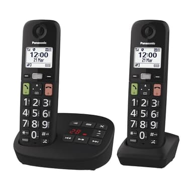 Panasonic KX-TGU132EXB digitales schnurloses Telefon mit Anrufbeantworter, Basisstation & 2 Mobilteile, LCD-Display, große Tasten, Favoriten-Taste, hörgerätekompatibel, Schwarz