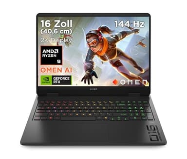 HP Omen Gaming Laptop, 16" 2K WUXGA Display,1920×1200, 16:10, 144Hz, AMD Ryzen 9 8940HX, NVIDIA GeForce RTX 5060 (8 GB), 16GB RAM, 1TB SSD, Win 11, 4-Zonen-RGB-QWERTZ, Wi-Fi 6, Shadow Black
