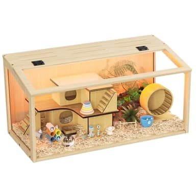 BingoPaw Hamsterkäfig Holz Kleintierkäfig Nagerkäfig Mäusekäfig mit klappbarem Deckel, 60 x 40 x 40 cm Natur