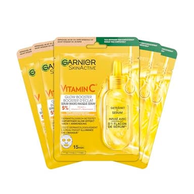 Garnier Feuchtigkeitsspendende Tuchmasken für sensible Haut, Mit Hyaluronsäure und Vitamin C, Für strahlende Haut und einen Glow-Effekt, SkinActive, 5 x 1 Masken