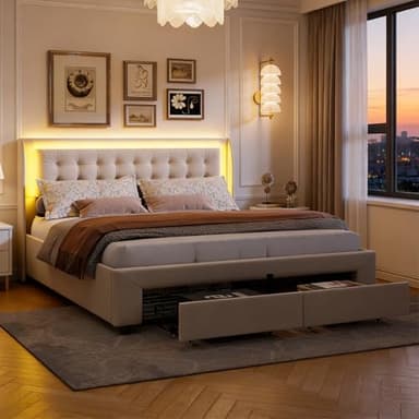 BRILVERDE Polsterbett 180x200 mit Stauraum, Doppelbett mit LED, Jugendbett mit 2 Schubladen, Funktionsbett, Bettgestell mit Lattenrost, Samt (Beige, 180 x 200 cm)
