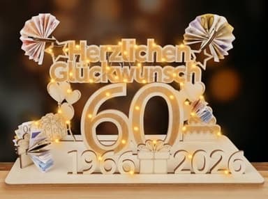 ARTREE 60 Geldgeschenke Geburtstag Frau Mann, 2026 Holz Schild Gästebuch mit LED Lichterkette, Personalisiertes Geschenke zum 60 Geburtstagszahlen, 60 Diamantene Hochzeit Deko, Herzlichen Glückwunsch