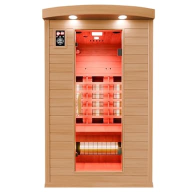 Dewello® Infrarotkabine Infrarotsauna Hyder 115x105 für 1-2 Personen aus Hemlock Holz mit Vollspektrumstrahler, LED-Farblicht, Bluetooth, FM,MP3,USB