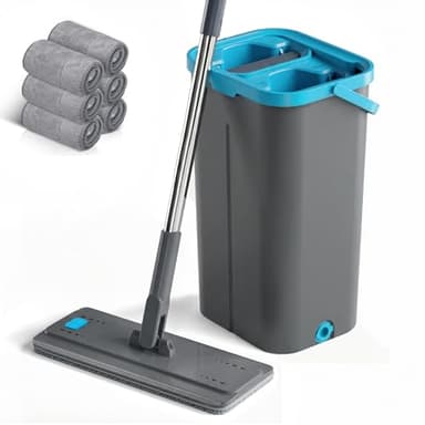 MASTERTOP Wischmopp Set mit Eimer, Bodenwischer Set mit 6 Mikrofaser Wischpads und Edelstahlgriff, 2 in 1 Putzeimer mit Wischmop, Wischer mit Auswringfunktionfür Alle Bodentypen, Grau+Blau