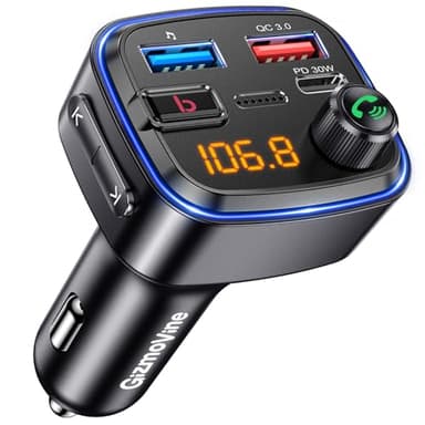 Gizmovine Bluetooth Adapter Auto, FM Transmitter mit HiFi Bass Sound & KFZ Freisprecheinrichtung, USB C QC PD 30W, 12 Volt Car Radio Zigarettenanzünder Stecker, Autoradio Adapter, MP3 Musik Player