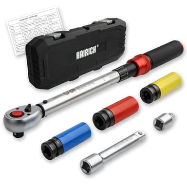 Hairich Drehmomentschlüssel Auto 1/2 Zoll, 40–210 Nm, TÜV Süd GS geprüft, 6-tlg. Drehmomentschlüssel Set mit 125 mm Verlängerung, 1/2"-3/8" Adapter & 3 Stecknüssen – Für Reifenwechsel & Motorrad