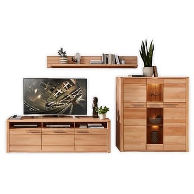 NATURE ONE Wohnwand Komplett-Set in Kernbuche teil-massiv FSC-zertifiziert - Moderne Schrankwand mit LED-Beleuchtung für Ihr Wohnzimmer - 330 x 180 x 45 cm (B/H/T)