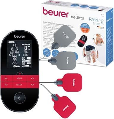 Beurer EM 59 Heat digitales TENS / EMS Gerät, 4-in-1 Reizstromgerät zur Schmerztherapie, Muskelstimulation, Massage und Wärmetherapie, inkl. 4 Elektroden und Akku