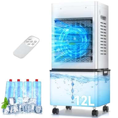 Mobile Klimaanlage, Luftkühler 12L Mobiles Klimagerät ohne Abluftschlauch, Verdunstungskühler mit Fernbedienung, 6 Stufen, 24H Timer, 40 dB Leise, Portable Air Conditioner für Räume Büro Schlafzimmer