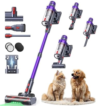 SMOTURE Akku Staubsauger 50.000 Pa 65 Min Laufzeit mit Mini-Turbinendüse, Anti-Tangle-Staubsauger Kabellos mit Touchscreen & Automodus für Tierhaare/Teppiche/Hartböden/Auto, VAC02–Verbesserte Version