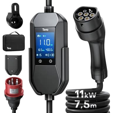 Tera Mobile Wallbox EV Ladegerät Ladestation : 11kW CEE 16A auf Typ 2 IP66 3-Phasig 7.5m 2,8” Steuerbarer Digitalanzeige für Model Y/3, ID.3/4/5, MG4, EX30, e-up, e-tron, Zoe und Andere EV P06