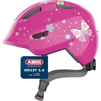 ABUS Kinderhelm Smiley 3.0 - Fahrradhelm mit tiefer Passform, kindergerechten Designs & Platz für einen Zopf - für Mädchen und Jungs - Pink mit Schmetterlings-Muster, Größe S