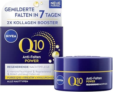 NIVEA Q10 Anti-Falten POWER Regenerierende Nachtpflege (50 ml), straffende Gesichtspflege für alle Hauttypen, Nachtcreme mit purem Q10, Kreatin & Hyaluronsäure