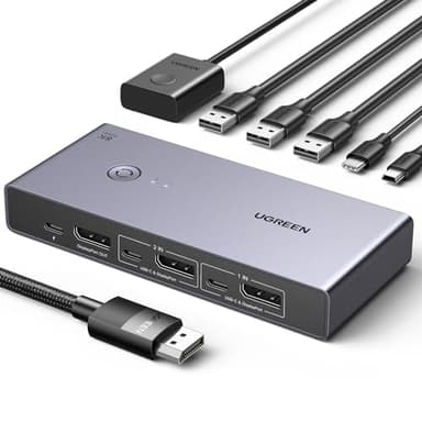UGREEN Displayport KVM Switch 8K@60Hz, DP 1.4 mit 4 USB 3.0 Ports Unterstützt 8K@60Hz 4K@240Hz Share 1 Monitor Tastatur Maus U-Disk Drucker, mit 2 DP Kabeln, 2 USB A zu C Kabeln